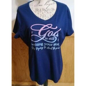 Handmade Women's V-Neck SS Navy T-Shirt Sz XL "God Is Still Writing Your Story."